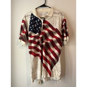 Vintage American Summer Big Print Polo Short Sleeve Shirt Mens Small America USA
